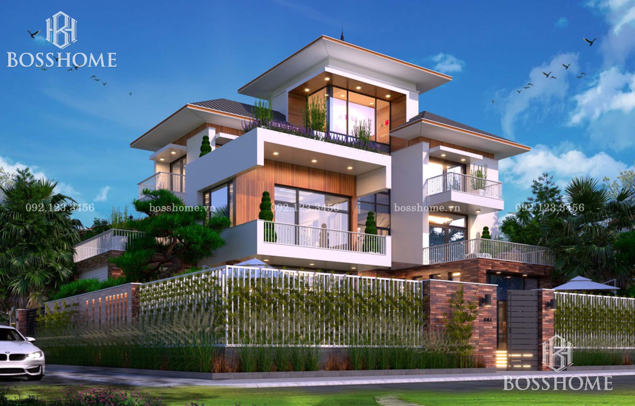 Mẫu thiết kế biệt thự 3 tầng hiện đại đẹp mái bằng có bể bơi BT530120 -  Kiến trúc Angcovat